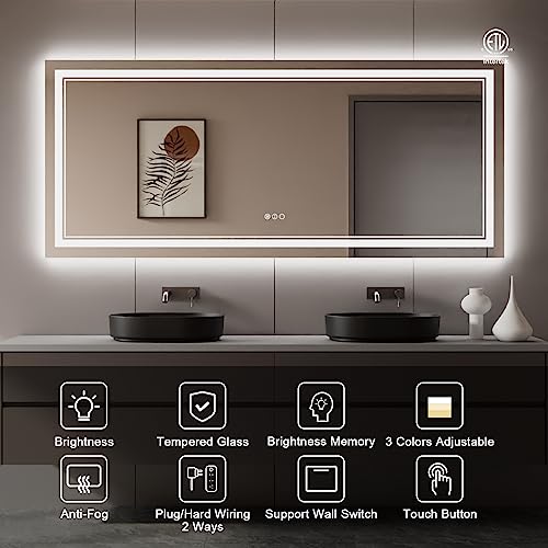 88x38 Inch LED Bathroom Mirror with Lights, Backlit and Front Lighted Bathroom Mirrors for Wall, Anti-Fog Dimmable Memory Shatterproof LED Vanity Mirror for Bathroom