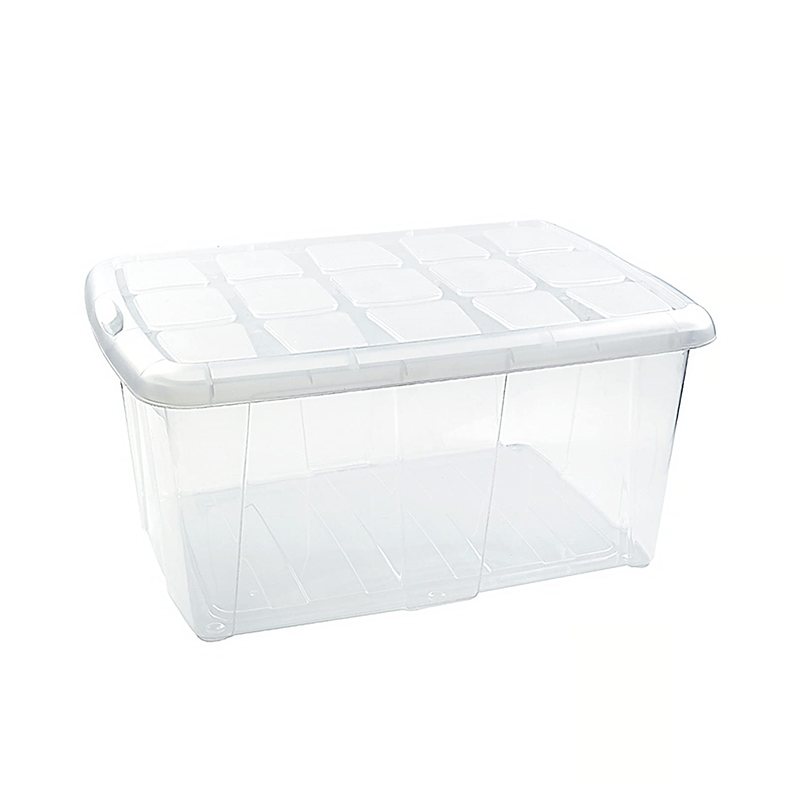 Caja Almacenaje Plástico 60L con Tapa y Cierres (N18) – Transparente, Apilable, para Herramientas, Equipo Deportivo, Ropa de Invierno y Juguetes