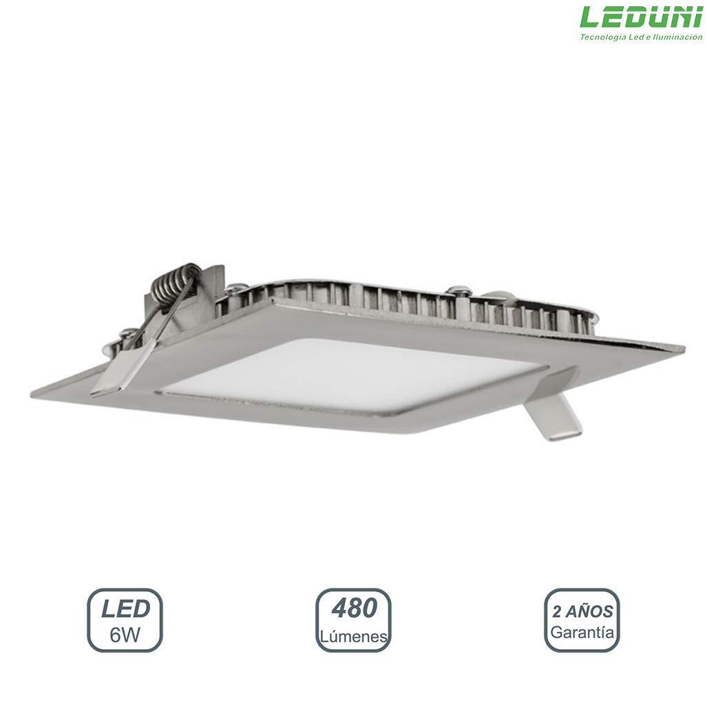 LEDUNI ® Pack 10 Unidades Downlight Panel NÍquel Cuadrado 6W 480LM Luz Neutra 4000K Angulo 120 IP44 120X120x22H MM Dimension de Corte 105x105MM