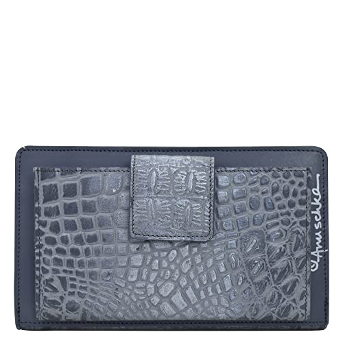 Image of Anuschka Women's Leather Wallet - Hand-Painted Genuine Leather Wallet with RFID Protection - 1149, Croc Embossed Silver Grey