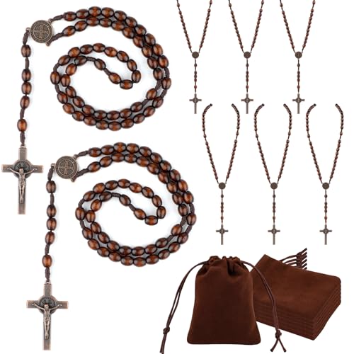 Wooden Bead Rosary Necklace, Catholic Rosary Wood Carved Beads with Jesus Cross, Wood Rosarys Beads Necklace Bulk with Organza Bags Pouch Baptism Favors