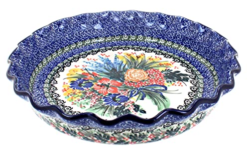 Blue Rose Polish Pottery - Blue Summer Blooms Pie Plate - 10 Blue Rose Polish Pottery - Blue Summer Blooms Pie Plate - 10