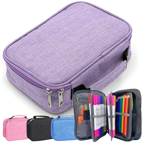 Estojo Escolar, Grande Capacidade, Box Jumbo Com Alça E Elastico Para 72 Canetas Ou Lápis, Feminino Masculino, Organizador Divisórias Zíper (Roxo)