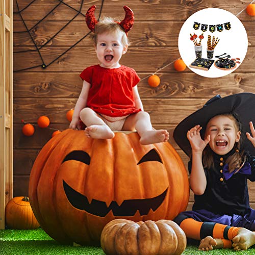 NUOBESTY Feestservies Voor Halloween | Inclusief Bord Kartonnen Beker Papieren Handdoek Zwarte Lepel Vork Banner Rietje… - Image 7