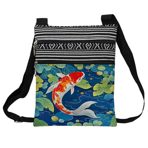 Koi Fish Messenger Bag Small Ethnic Pattern Printed Adjustable Strap Crossbody Zipper Pouch Lucky Phone Organizer Wallet Cute Shoulder Handbag For Women Friends