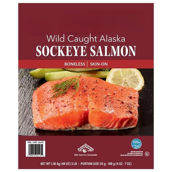 Wild Alaskan Sockeye Salmon , Flash Frozen to Preserve Freshness, Flavor and Nutrients , An excellent source of omega-3 fatty acids - good for reducing joint and blood vessel inflammation, reducing high blood pressure and the risks of heart disease, increased brain functioning and more. [ 48 oz , 3 lb ]