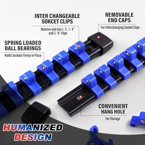 Image of 3-Piece Socket Organizer Rail Set, Heavy Duty Socket Holder for 1 /4 inch, 3 /8 inch, 1 /2 inch Drive, 43 Clips Spring Loaded Ball Bearings for Metric & SAE Sockets, Portable Tool Tray for Toolbox Drawer