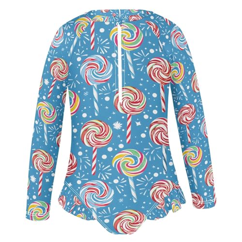 ALAZA Colorful Lollipop Rainbow Blue Girls One Piece Swimsuit Long Sleeve Rash Guard Swimsuits UV 50+ Swimwear Zipper2