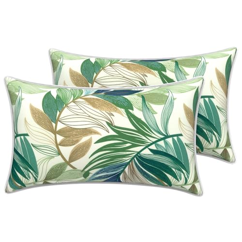 LVTXIII 2 Pack Outdoor Lumbar Pillow Covers 12x20 Inch with Piping, Water-Repellent Back Cushion Covers ONLY for Patio Furniture, Sofa, Garden Bench, Lush Leaf Green
