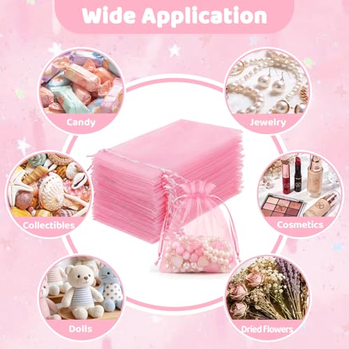 Image of FUNFERY 100Pcs Pink Organza Bags 3x4 in,Small Mesh Drawstring Gift Bag | Little Jewelry Bags for Wedding Party Favors, Mini Drawstring Pouch for Sachet, Candy, Goodie, Treat Bag for Easter Day