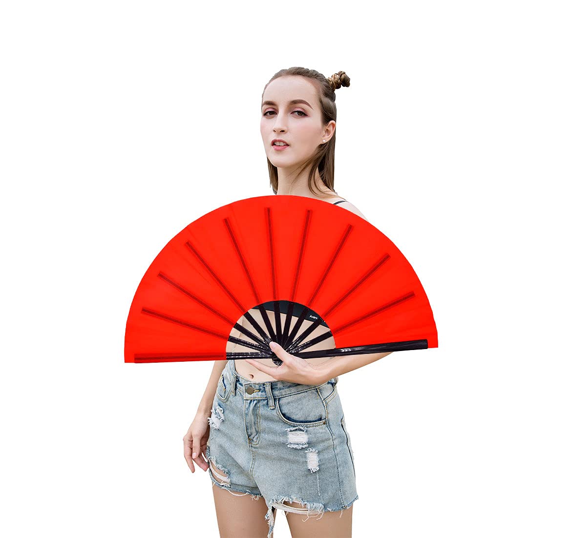 Amajiji Grand éventail pliable chinois/japonais en soie - Pour femme - Éventail pliable - Éventail de danse - Rouge