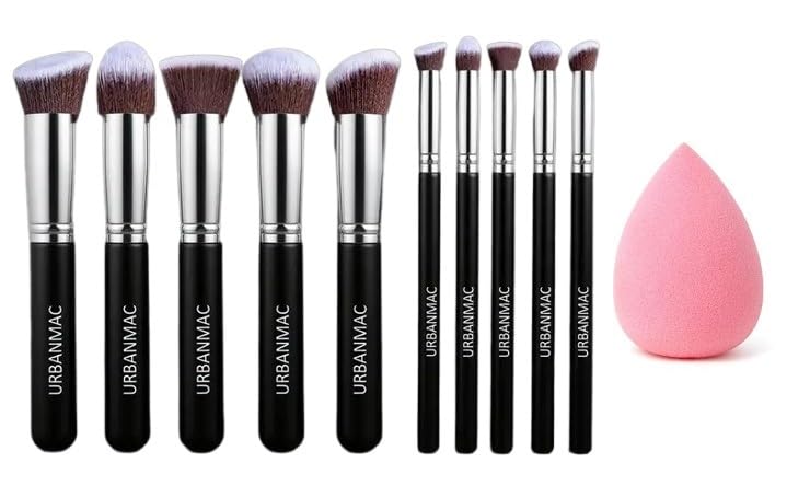 Premium Synthetic Kabuki Foundation Face Powder Blush Eyeshadow Brush Makeup Brush Kit with Blender Sponge (10 pcs, Black/Silver)