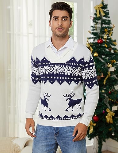TURETRENDY Mens Ugly Christmas Sweaters Snowflakes Holiday Reindeer Printed Shawl Collar Knitted Long Sleeve Pullover Jumpers2