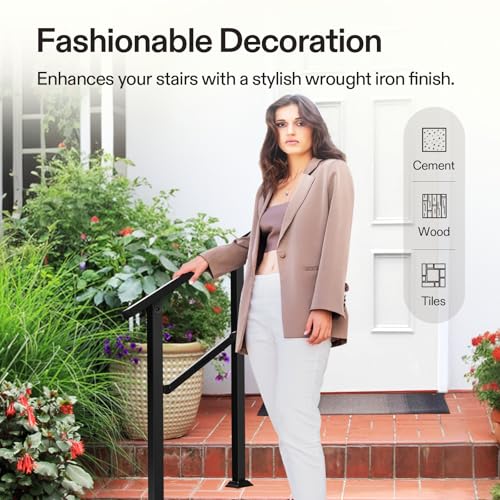 Image of VIVOSUN Outdoor Handrail, 2 Step Stair Handrail, 26 inch x 36 inch Fits 1 to 2 Steps, Wrought Mattle Iron Handrail for Concrete Steps, Porch Steps, One-Step Assembly, Black