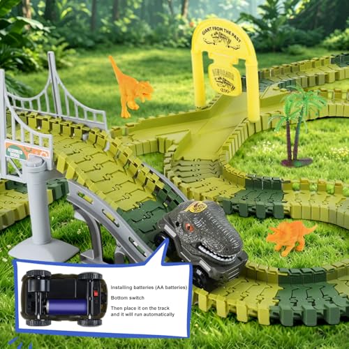 Image of Dinosaur Race Car Track Toys for Kids, Birthday Gifts for 3 4 5 6 7 Year Old Boys Girls, 255+ PCS Dinosaur World Adventure Building Playset with Flexible Track, DIY A Dinosaur World Road Race