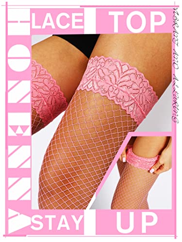 Image of HONENNA Fishnet Thigh High Stockings, 20+ Colors Silicone Lace Top Stay Up Nylons Tights for Woman, Size A-D