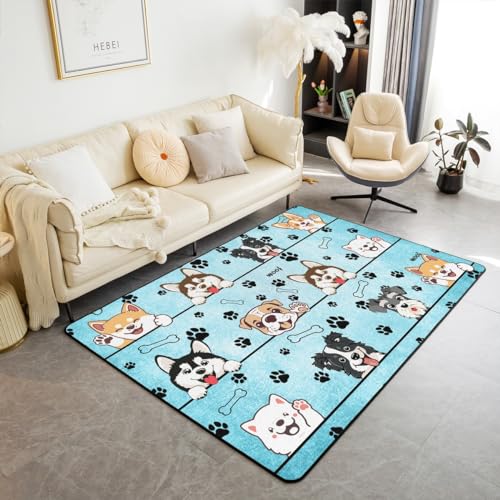 Lovely Dog Area Rug 3'x5',Cute Puppies Cartoon Animal Decor Non Shedding Rug for Kids Teen Adults,Kawaii Paw Print Blue Decorative Carpet for Playroom Bedroom Dining Room