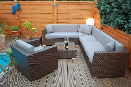 Ragnarök-Möbeldesign PolyRattan Lounge DEUTSCHE Marke - EIGNENE Produktion - 8 Jahre GARANTIE auf UV-Beständigkeit - Garten Möbel Glas Polster braun Gartenmöbel Aluminium Sofa Sessel grau