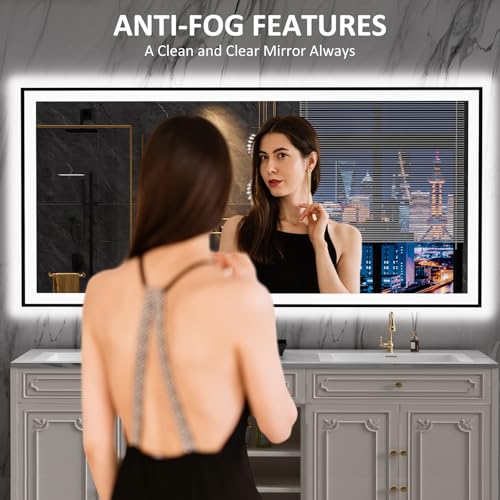 LOAAO 84"X40" LED Bathroom Mirror Black Framed, Anti-Fog, Dimmable, Lighted Bathroom Vanity Mirror for Wall, Memory Function, Tempered Glass