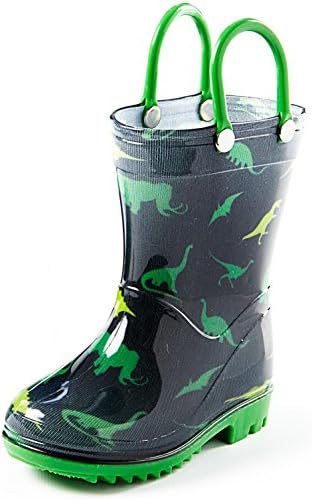 Toddler and Kids Rain Boots with Easy On Handles Boys Green and Black Dinosaur Design – Size 7 Toddler