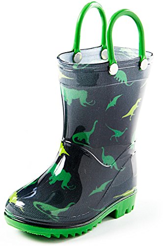 Toddler And Kids Rain Boots With Easy On Handles Boys Green And Black Dinosaur Design – Size 7 Toddler #TOP15