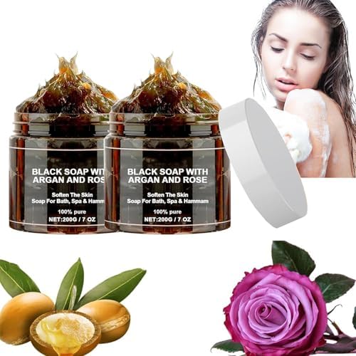 BOTOWIZawina Morocco Black Beldi Soap, Moroccan Black Soap with Argan and Rose, Exfoliating Body Scrub, 2 PCS