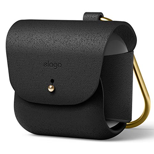 Image of elago Leather Case with Keychain Compatible with AirPods 3 Case, Natural Cowhide Leather Case with Brass Ring Holder, Supports Wireless Charging (Black)