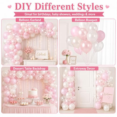 Image of Pink Balloons, 60Pcs Pink and White Balloon, 12 Inch Latex Pastel Pink Balloons Helium for Women Girls Birthday Baby Shower Bridal Shower Gender Reveal Romantic Wedding Engagement Party Decorations