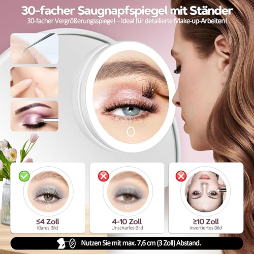 MOMOKUBA Vergrößerungsspiegel mit Saugnapf, 30-Fach Spiegel mit Beleuchtung, 3 Farben beleuchtbar und dimmbar, Bad- und Haushaltsspiegel… – Ansicht 4
