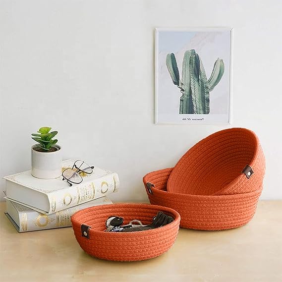Image of Handmade Jute Cotton Storage Baskets Set of 3 for Dining Table, Fruit Basket & Roti Bowl, Cane Style Organizer for Kitchen, Home Decor, Washable Multipurpose (Orange)