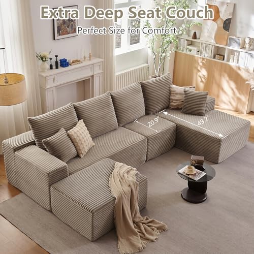 Image of Lakifun 135 inch U-Shape Cloud Couch, Modern Modular Sectional Comfy L-Shape Sofa with Ottoman, Deep Seat, Upholstered Corduroy Sleeper Chaise Longue for Living Room Bedroom, No Assembly Required, Camel