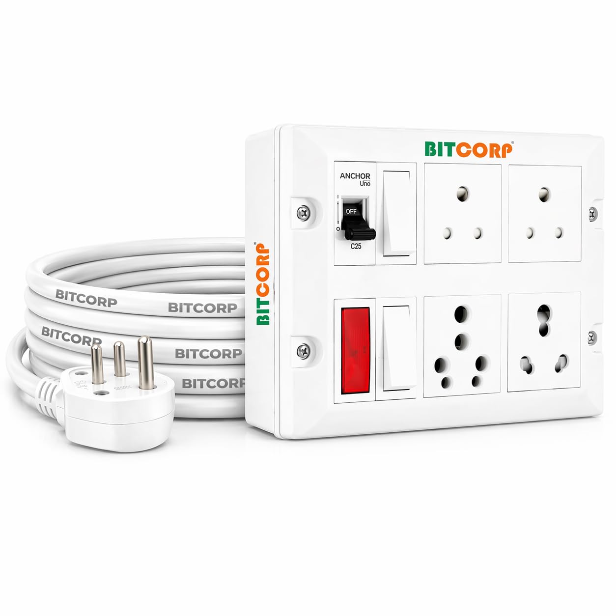 Bitcorp Extension Box 6A 16A 20A 4 Socket 2 Switch (2500) Load Capacity Mcb Surge Protection High Load Capacity with 5 Meter Long Wire Cord for Charger/Ac/Refrigerator/Washing Machine/Microwave-image-36