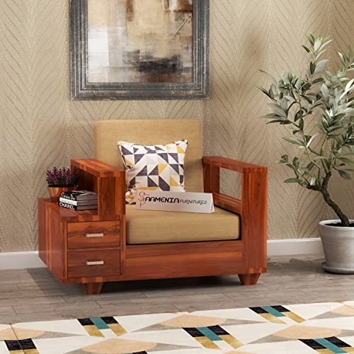 Image of Sheesham Wood Single Seater Sofa | 1 Seater Sofa with 2 Drawer Storage | Wooden Sofa Set Furniture for Living Room Home Office (Honey)