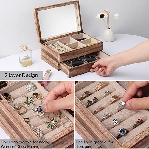 Meangood Jewelry Box Organizer For Women, 2 Layer Large Jewelry Storage Case, Rustic Wooden Jewelry Box With Mirror & Ring Tray For Necklace Earring Bracelets Rings, Vintage Style (Torched Wood) #TOP3