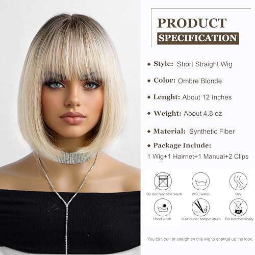 Esmee Short Straight Ombre Blonde Natural Bob Wigs With Bangs Shoulder Length Wig Synthetic Cosplay Wigs for Women - Image 2