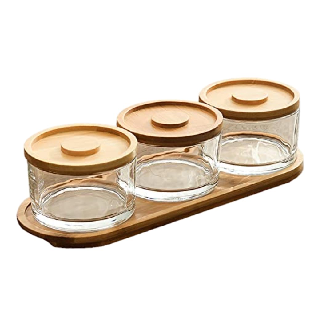 Licsaliwe Chip and Dip Bowl Set, 4-Piece Glass Dipping Bowls with Lids & Bamboo Tray, Appetizer Serving Platter for Party Kitchen