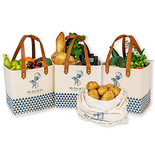 Boutique Collapsible Reusable-Grocery-Shopping-Bags Heavy-Duty. Quality Set of 3 Canvas Bags With Bonus Draw
