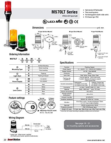 MS70LT-PBFF-Y, 70mm LED Signal light, Pole Mount, Flashing & Buzzer, 110-220VAC, Yellow Lens