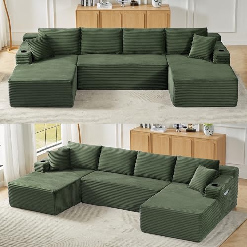 Image of 133.5 inch U Shaped Couch, Modular Sectional Sofa with Chaise, Corduroy U Shaped Boneless Couch with Deep Seat, Upholstered Modular Cloud Sofa for Living Room, No Assembly Required, Green
