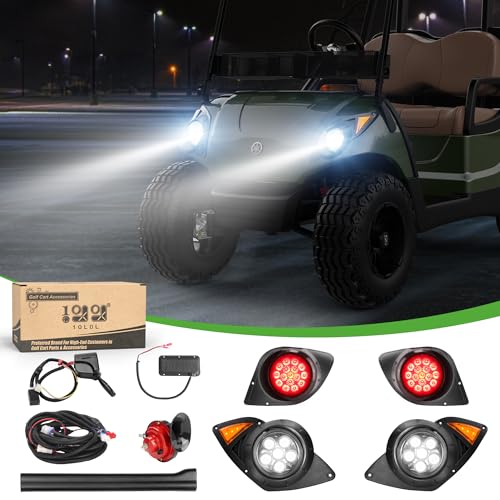 10L0L Golf Cart Universal Deluxe Headlights and Tail Light Kits for Yamaha G29 2007-UP Gas or Electric Carts with Turn Signals Switch Horn Brake Lights Harness(Must Input 12 Volts)