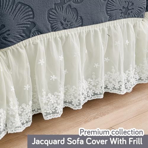 Image of HOKIPO 'Floravelle' 200 GSM Knitting Jacquard 1-Seater Sofa Cover with Elegant Frill - Fully Covered, Anchor Grey (AR-6029-DGRY)
