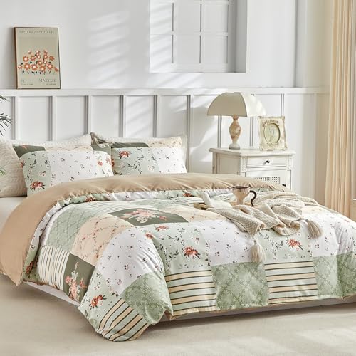 Image of Lekesky King Size Duvet Cover Set, Patchwork Floral 3 Pieces Reversible Green Duvet Cover Set, Ultra-Soft Microfiber 3 Pieces Comforter Cover with Zipper and Corner Ties, Includes 2 Pillowcases