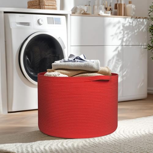Image of MEGASKET 115L Extra Large Red Basket for Organizing, 23.6 inchx15.7 inch Jumbo Woven Cotton Rope Bins for Blankets, Baby Nursery Laundry Basket, Kids Dog Toy Storage Box, Huge Red Living Room Decor Organizer