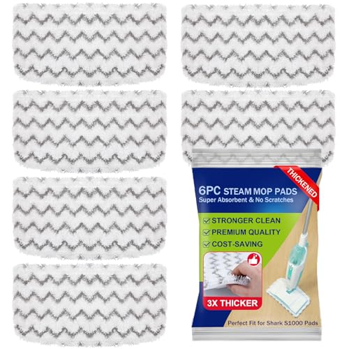 6 Pack Thickened Shark Steam Mop Replacement Pads, Durable Microfiber Mop Pads Compatible with Shark S1000/S1000A/S1000C/S1000WM/S1001C, Washable Pads for Pet Owners and Families with Kids