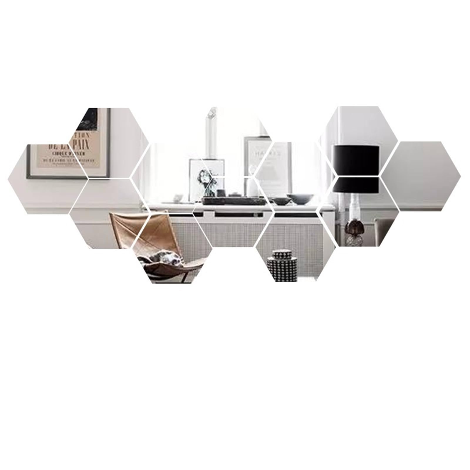 Hexagonal Mirror Wall Sticker 6/12Pcs Hexagon Acrylic Mirror Wall Stickers Home Decor DIY Removable Mirror Sticker Living-Room Decal Art Ornaments for Home(12PCS Silver,L 126x110x63mm)