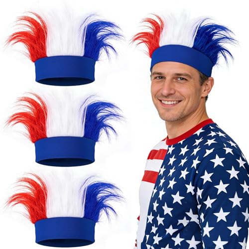 kaiolbly 3 Pcs Patriotic Hairy Headband Adults 4th of July Hair Accessories Red White Blue Wig USA Headbands for Sports Events Parades Independence Day Memorial Day Parties Cosplay Costume Halloween