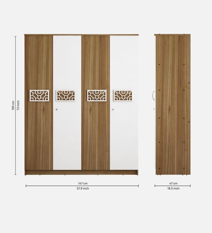 Image of Castle Multipurpose 4-Door Wardrobe | Engineered Wood | Spacious Closet Storage | Lyon Teak & White Finish | Sturdy & Durable | Easy Knock-Down Assembly