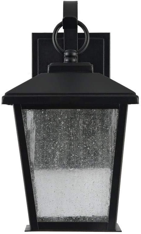 Pemberly Row Transitional Outdoor Wall Sconce, 12" Tall, Textured Black Finish, Steel and Glass, Clear Seedy Glass Downlight, 6W LED, Hardwired, Entryway or Porch Lighting