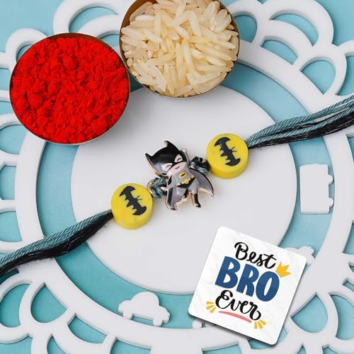 Image of eCraftIndia Bat Theme Rakhi for Kids Brother Boys Girls Sister | Raksha Bandhan Kids Rakhi for Bhai Bhaiya | Best Bro Ever Fridge Magnet | Roli Chawal Pack