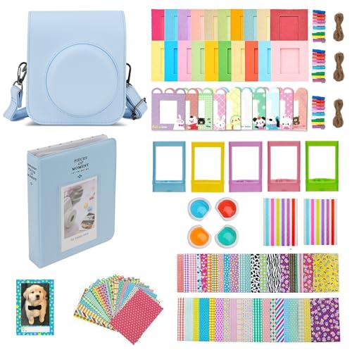 Mumlicha Sofortbildkameras Zubehör für Instax Mini 12 Kameratasche für Instax Mini 12 mit 64 Taschen Fotoalbum und Farbfilter/Bilderrahmen/Wanddekorrahmen/Rahmenaufkleber/Eckaufklebe (Blau)